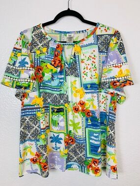 Wrapper Womens Top 1X Fruit Print Crochet Trim Lemons Cherries Italy Summer